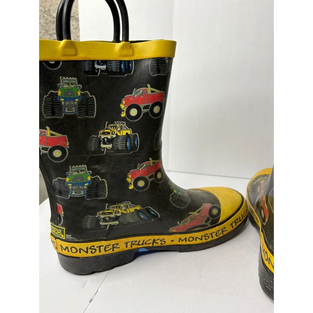 Splashers Kids Monster Trucks Black Yellow Rubber‎ Rain Boots Size 3 Pull On